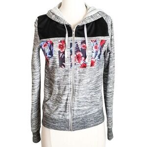 PINK Victoria's Secret Floral Heather Gray Full Zip Hoodie Sweatshirt Jacket- XS